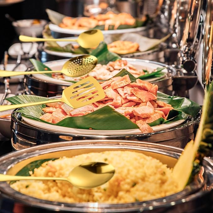 HOUSEWARE Gold Catering Utensils Set,11 Pieces Stainless Steel Flatware Serving Set for Buffet Party include Cake Knife Cutter Large Fork Spoon ladle Skimmer Spatula Turner Server