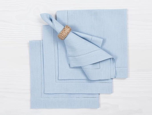 Solino Home Sky Blue Linen Napkins Set of 4-100% Pure Linen Hemstitch Dinner Napkins 20 x 20 Inch for Holiday, New Year - Classic Hemstitch