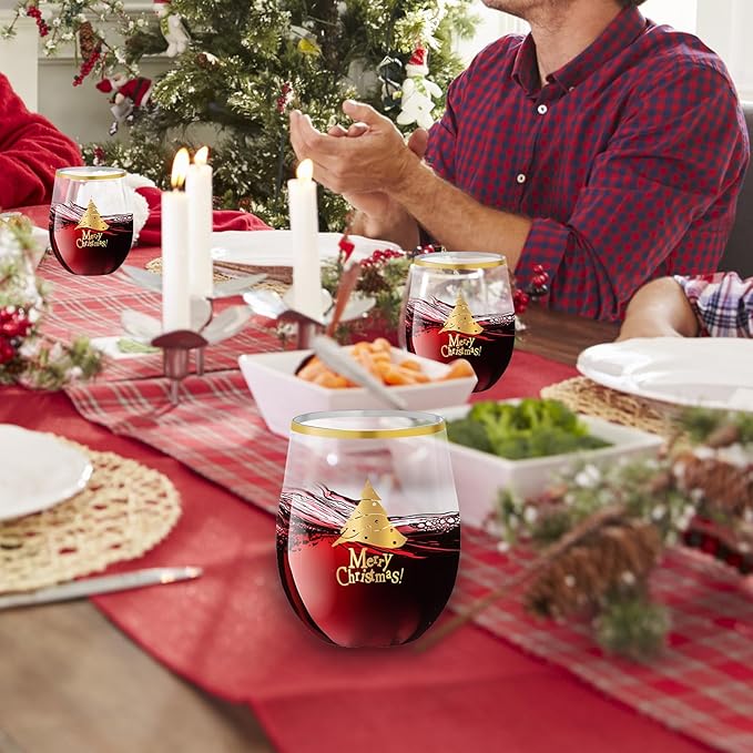 SUT Plastic Wine Glasses, Plastic Christmas Wine Glasses, Plastic Cups, Disposable Wine Glasses, Disposable Cups, 12oz Gold Plastic Wine Glasses for Christmas(24PCS)