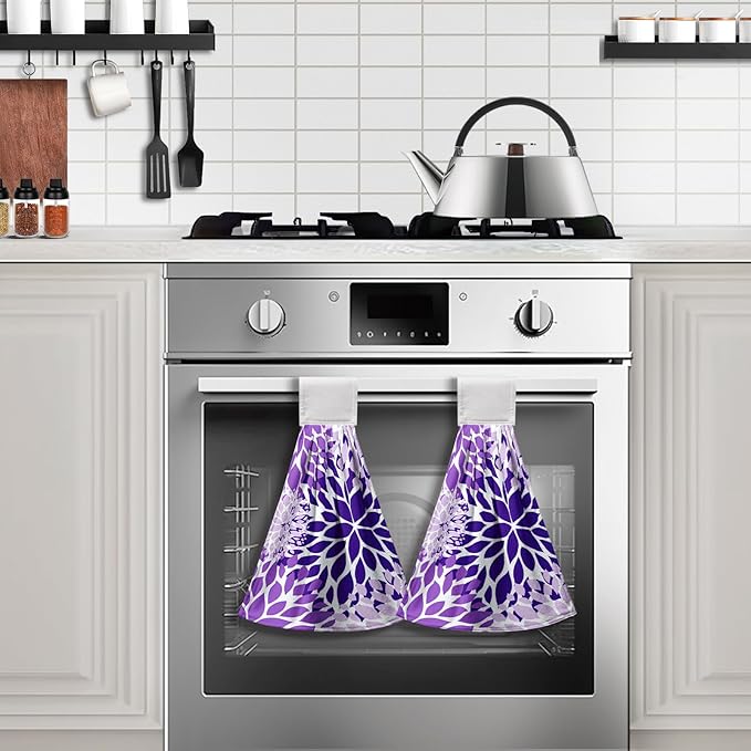 Purple Dahlia Hanging Kitchen Dish Towels Floral Hand Towel with Loop Violet Flower Bathroom Tie Towels Soft Absorbent Tea Towel for Bathroom Kitchen Decor Housewarming 12 x 17 Inch
