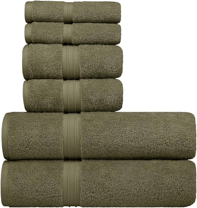 6 Pack Cotton Towel Set - Luxury & 100% Cotton - Hotel and Spa Quality, Absorbent, Includes 2 Bath Towel (28" x 56"), 2 Hand Towels (16"x28") and 2 Wash Cloths (12"x12") - Army Green