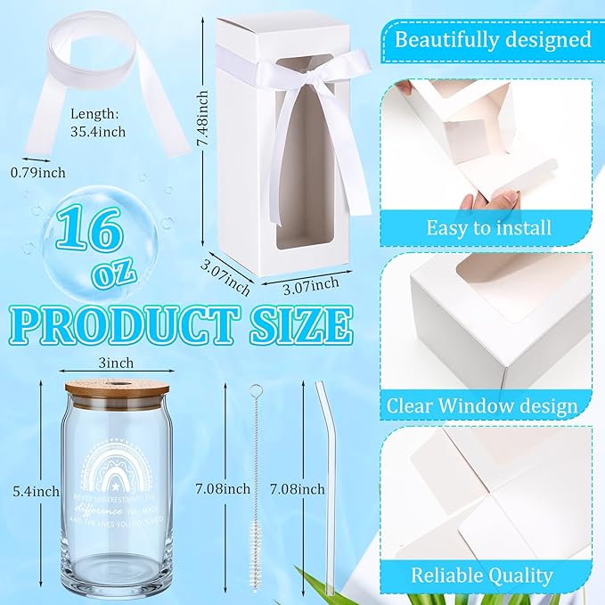 Layhit 12 Set Employee Appreciation Gifts Bulk 16 oz Thank You Glass Cups for Staff Coworker Thanksgiving Christmas Inspirational Glass Cups with Lids Straws Gift Boxes for Office Team Women Teacher