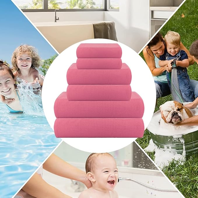 CASA COPENHAGEN Waffle Towel, 6Pieces 100% Cotton Large Towel Set- Pink, 2Bath 2Hand 2Washcloths Instant Absorb and Dry, Soft Strong Towels for Hotel Spa Kitchen Bathroom & Shower