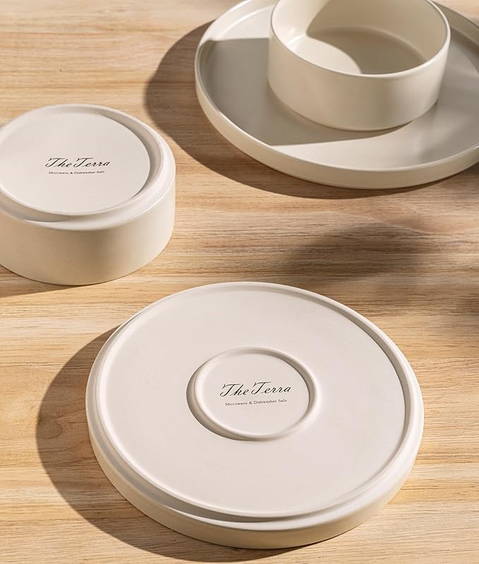 TheTerra Ceramic Dinnerware Sets for 8, 24 Pieces Handmade Reactive Glaze Plates and Bowls Set, Scratch Resistant Dish Set, Oven & Microwave & Dishwasher Safe, Matte White