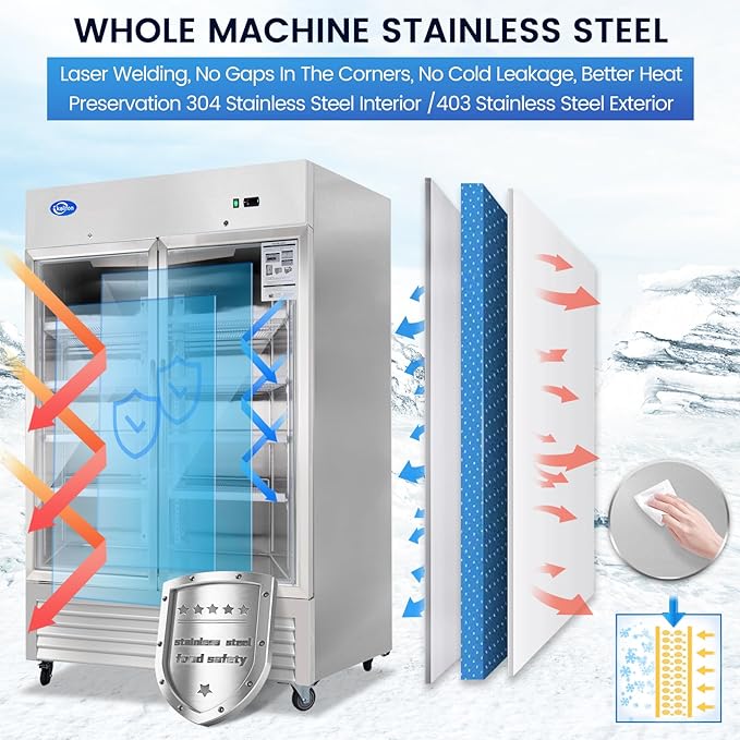 49Cu.Ft Commercial Refrigerator Merchandiser, 54" Display Refrigerator with 2 Glass Doors, Upright Fridge Stainless Steel Cooler with LED Lighting for Restaurant Kitchen