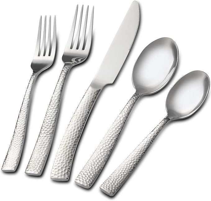 40 Piece Hammered Silverware Set, Stainless Steel Flatware Set for 8, Food Grade Cutlery Set for Home, Party, Wedding, Mirror Polished Dishwasher Safe