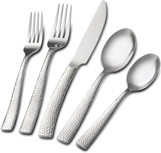 40 Piece Hammered Silverware Set, Stainless Steel Flatware Set for 8, Food Grade Cutlery Set for Home, Party, Wedding, Mirror Polished Dishwasher Safe