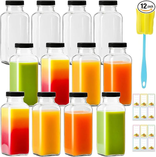 12 Pack 12oz Glass Drink Bottles with Lids, 360ml Vintage Glass Water Bottles with Caps, Reusable Juice Containers Drinking Jars for Juicing, Milk, Ginger, Kombucha, Beverages