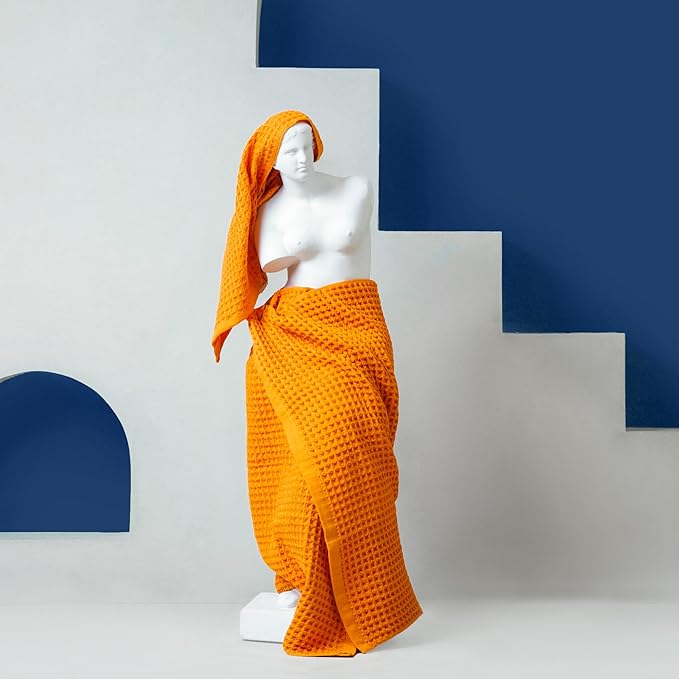 Luxury Organic Japanese Cotton Waffle Bath Towel | Thick, Absorbent, Quick Dry Bathroom Towels for Shower, Sauna, Onsen| Hotel & Spa Quality, Gift-Ready (Coral Orange, Bath Towel, 55" x 34")