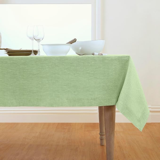 Solino Home Linen Tablecloth 60 x 108 Inch - 100% Pure Linen Chambray Green Table Cloth for Rectangular Tables - Athena, Machine Washable Cloth Tablecloth