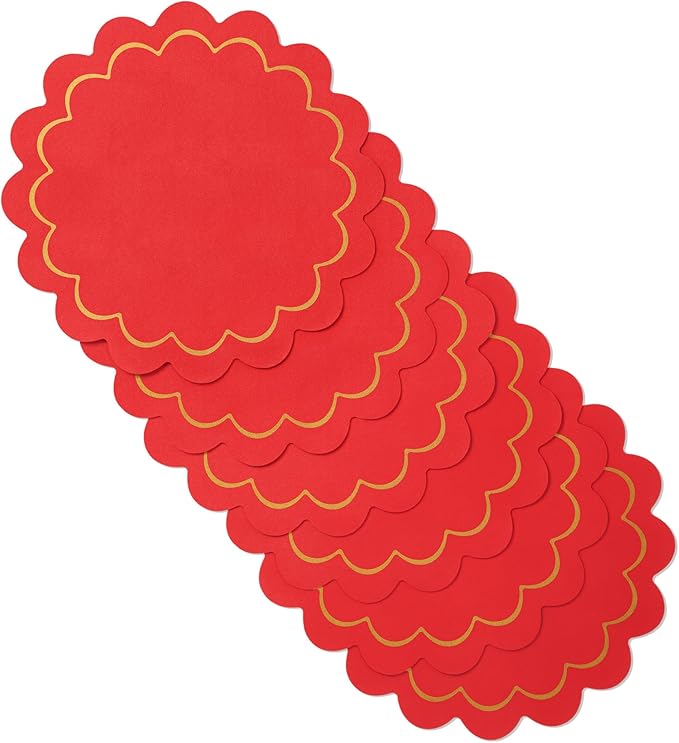 Kate Spade New York Scallop Edge Round Reversible Placemats 6-Pack Set, Imitation Leather with Metallic Print, Water Resistant, Easy Wipe Clean, Red/Gold, 15" Round