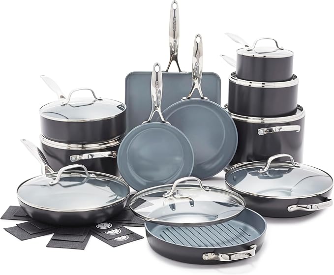 GreenPan 22 Piece Valencia Pro Ceramic Nonstick Cookware Set, PFAS-Free, Induction Ready, Hard Anodized Pots & Pans with Lids, Compatible on All Cooktops, Dishwasher & Oven Safe, Gray