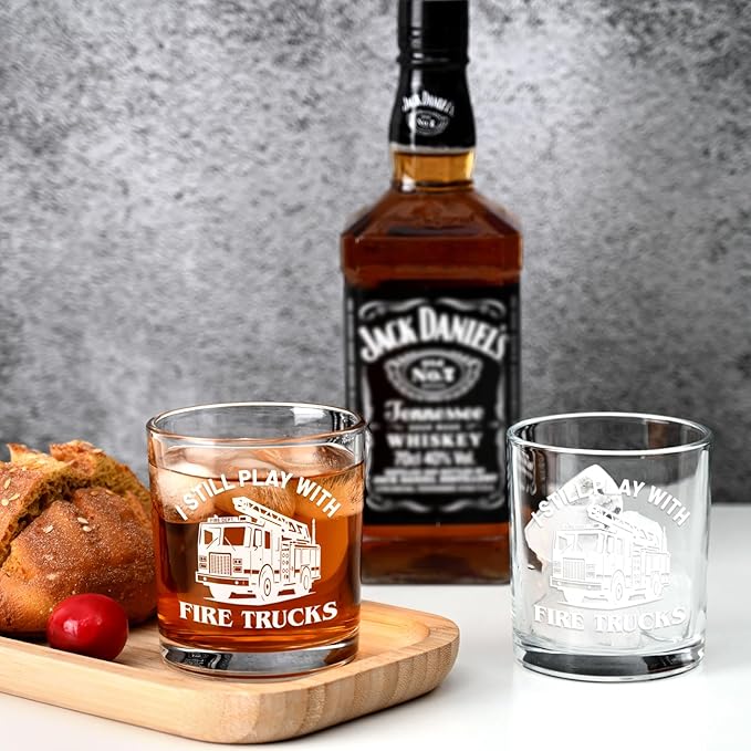Futtumy Firefighter Gifts for Men, I Still Play With Trucks Whiskey Glass, Fireman Retirement Gifts, Funny Birthday Father's Day Christmas Gift for Firefighter Fireman, 10 Oz Old Fashioned Glass