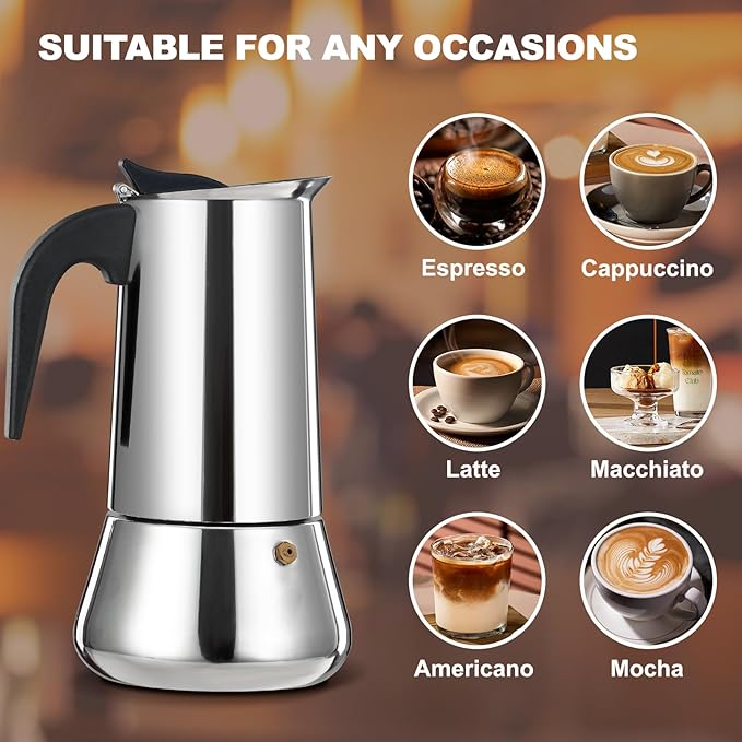 4 Cup Stovetop Espresso Maker Stainless Steel Moka Pot Stove Top Percolator Italian Coffee Makers Capable Mocha Greca Machine Cafe Classic Induction Cookers for Home and Camping 200ml 6.6oz
