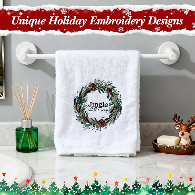 4 Pack Christmas Towels Cotton Embroidered Holiday Hand Towels Gifts 29.5'' x 13.8'' Soft Absorbent Festive Kitchen Dish Cloths Bathroom Decorative Xmas Guest Housewarming Party Supplies