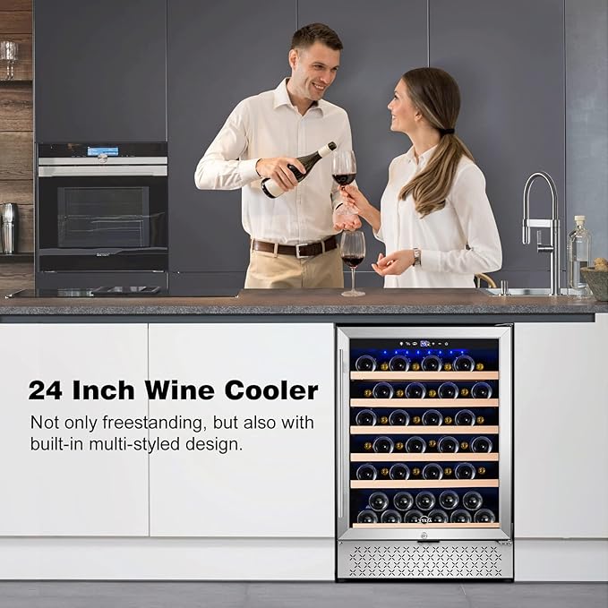 Tylza 24 Inch Wine Fridge, 54 Bottles Wine Refrigerator, Under Counter or Freestanding, 40-65°F, Lock, Double Layer Tempered Glass Door, Wine Cooler Refrigerator with Adjustable Wooden Shelves