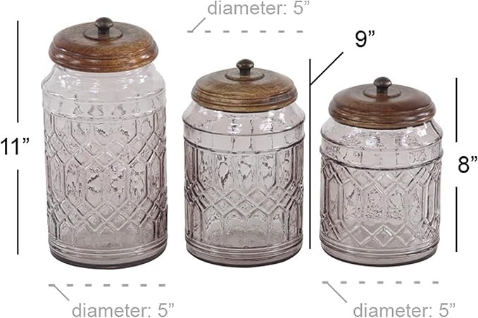 Deco 79 Glass Living Room Decorative Jars Decorative Container with Wood Lids, Set of 3 Jar with Lid 8", 9", 11"H, Clear