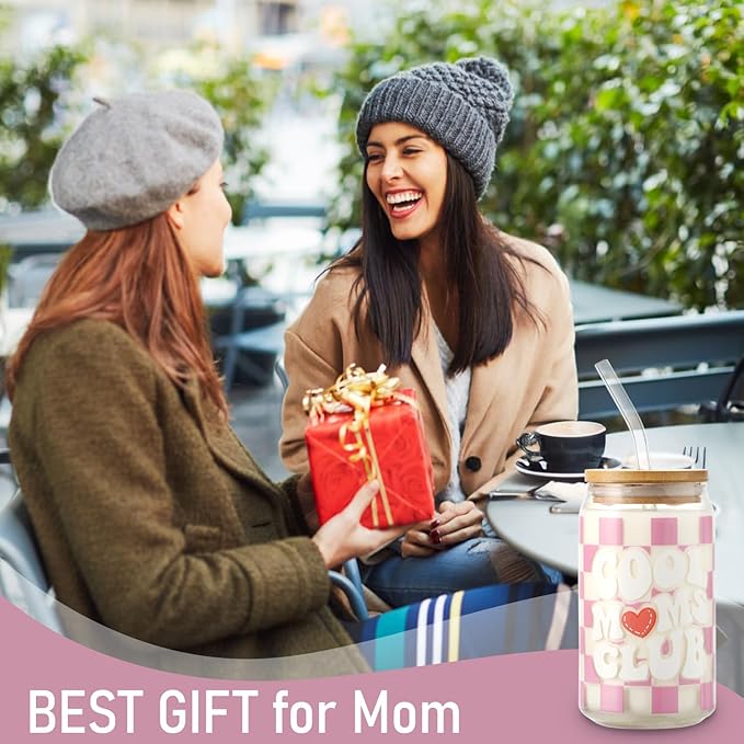 Christmas gift Mom Drinking Cup with Lid and Straw, 16oz Coffee Can Glass Cups, Cool Moms Club Cup from Daughter and Son, Christmas Birthday Present Ideas for Mother, New Moms, Mom To Be