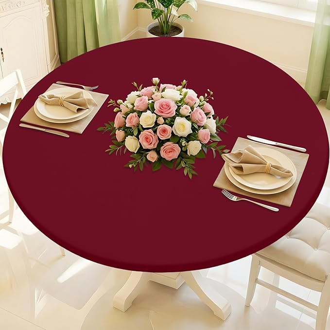 Round Spandex Tablecloth, Elastic Fitted Waterproof Tablecloths for 36"-44" Tables, Stretch Washable Picnic Table Cover for Camping, Dining, Indoor and Outdoor, Wine Red