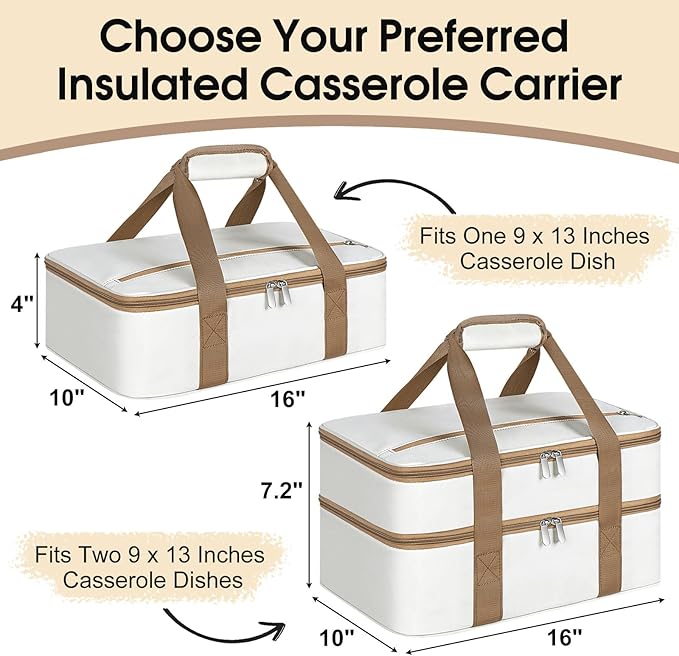 Double Insulated Casserole Carrier, Portable Casserole Carrier for Hot or Cold Food Lunch Tote Warmer or Cooler Bag, Lasagna Lunch Bag for Potluck Parties- Fits 9" x 13" Baking Dish-Beige