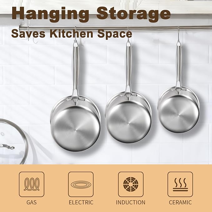 1Qt and 2Qt Triple Stainless Steel Saucepan with Lid, Ramen Pot with Clear Glass Cover, Small Sauce Pan for Cooking Oatmeal, Induction-Ready, Dishwasher-Safe, Suitable for All Stoves