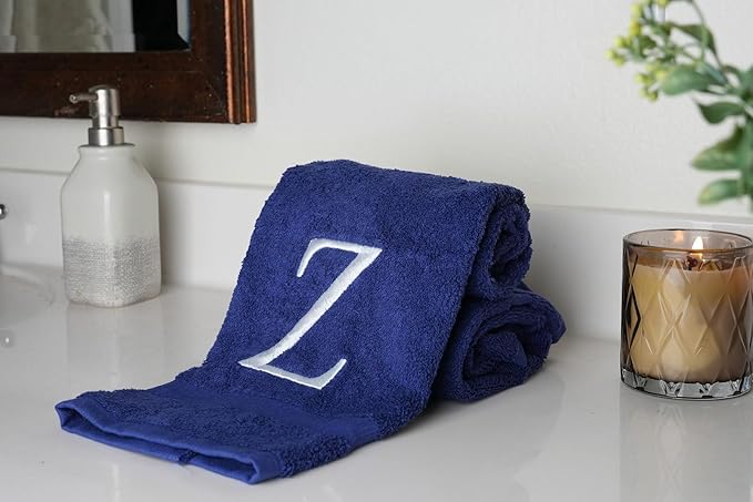 Navy Monogram Hand Towel for Bathroom - Monogrammed Initial Hotel Quality Decorative Embroidered Luxury Towel for Powder Room, Spa - GOTS Organic Certified - Pack of 2, Letter Z