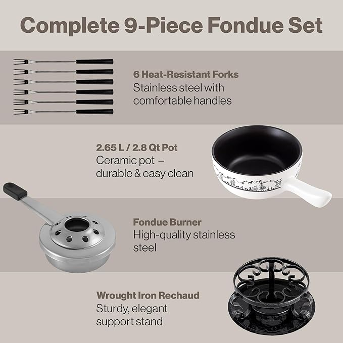 Swissmar Heidi Cheese Fondue Set - 2.8 QT / 2.65 L - Ceramic Fondue Pot with Rechaud, Fondue Burner, 6 Forks & Recipe Card - Ideal for Melting Cheese, Chocolate & Caramel - White