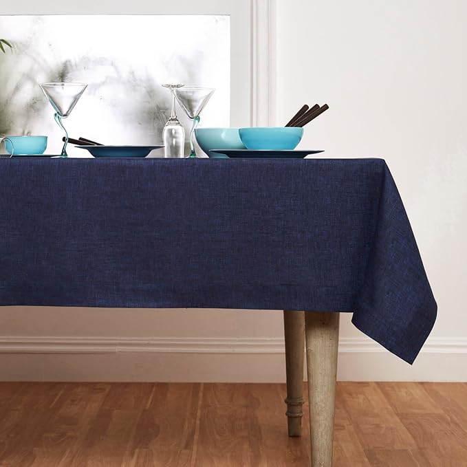Solino Home Linen Tablecloth 60 x 90 Inch - 100% Pure Linen Chambray Navy Table Cloth for Rectangle Tables - Athena, Machine Washable Tablecloth for Christmas, Winter, New Year