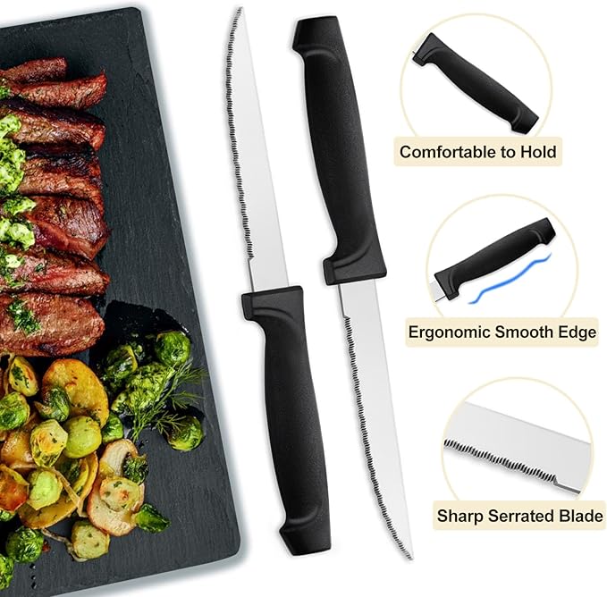 Pleafind 16-Pcs Steak Knives, 8.5 Inch Serrated Knives, Stainless Steel Steak Knives, Meat Knife for Table, Elegant Black Steak Knife Set for Home, Kitchen, Restaurant, Dishwasher Safe
