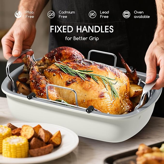 Turkey Roasting Pan, 17x13 Inch Nonstick Roaster Pan with Removable Rack, Turkey Baster, Meat Thermometer, Turkey Brine Bags, Ideal for Roasting Turkey, Meats & Vegetables (Cream&Silver)