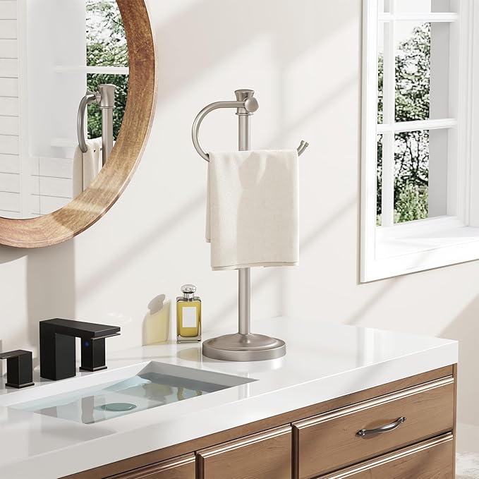 BESy 17 Inch Brushed Nickel Stand Towel Bar Hanger Hand Towel Bar Bathroom Vanity Countertop Towel Holder Free Standing Stainless Steel Towel Ring Hardware Accessories Towel Rack