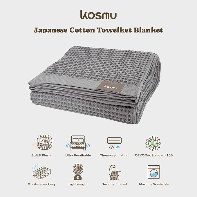 Luxury Organic Japanese Cotton Waffle Towelket Throw Blanket Bedspread for All Sleepers | Soft, Breathable and Thermoregulating (Smoke Grey, 67''x91'')