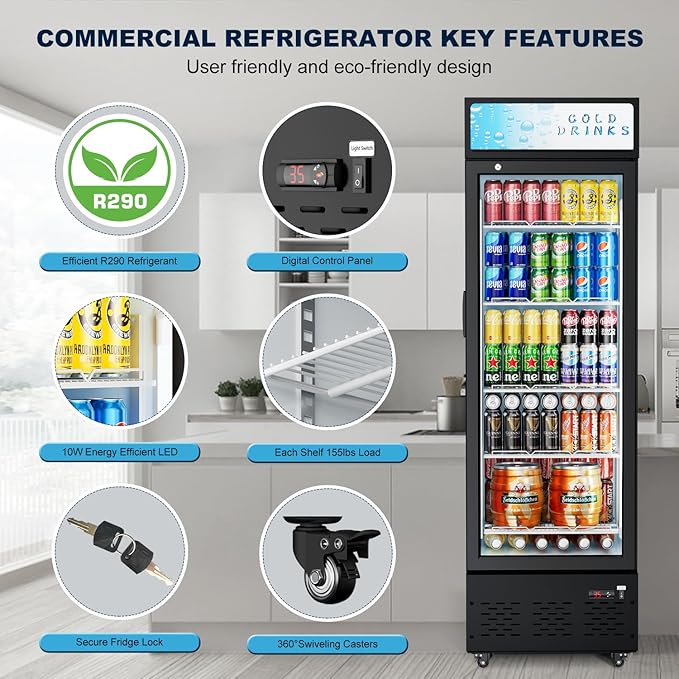 Commercial Glass Door Display Refrigerator 12 cu.ft Commercial Beverage Refrigerators with LED Light & 5 Shelves for Cafe, Restaurant, Store, Bar