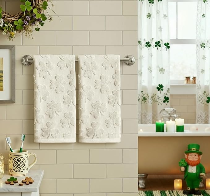 Artoid Mode 2 Pcs Beige 3D Shamrock Jacquard Patrick Hand Towels for Bathroom, 100% Cotton Soft Absorbent Bathroom Decor Towels, 13.7 x 29.5 Inch