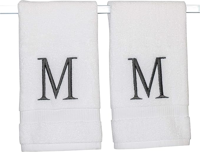 Dark Gray Initial Hand Towel for Bathroom - Monogrammed Luxury Hotel Quality Decorative Embroidered Towel for Powder Room, Spa - GOTS Organic Certified - Pack of 2, Letter M