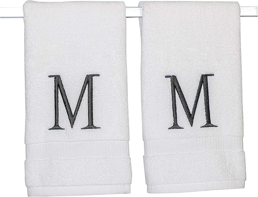 Dark Gray Initial Hand Towel for Bathroom - Monogrammed Luxury Hotel Quality Decorative Embroidered Towel for Powder Room, Spa - GOTS Organic Certified - Pack of 2, Letter M
