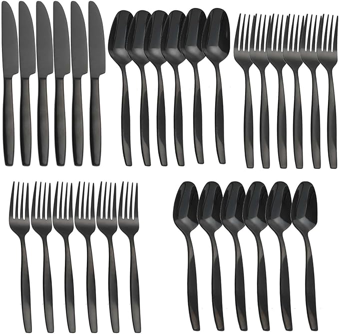 Black 30-Piece Silverware Set,Stainless Steel Flatware Utensils Cutlery Set for 6,Including Steak Knife Fork and Spoon,Dishwasher Safe,Modern Tableware for Home & Dining