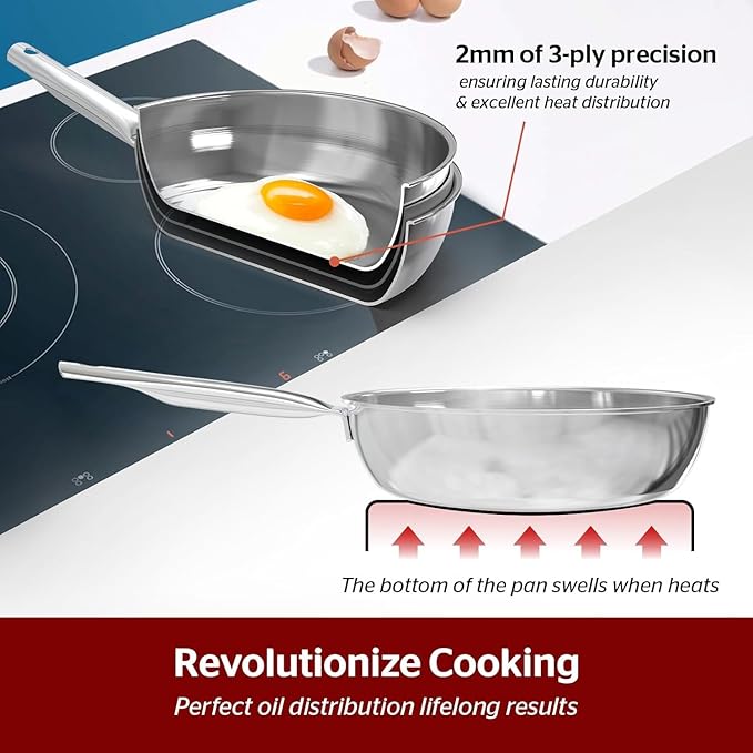 Sunhouse 10 Inch Tri-Ply Stainless Steel Frying Pan, Whole-Clad No Coatings Skillet with Stay-cool Handle for Cooking, Durable & Oven Safe to 500°F, Dishwasher Safe, Compatible with All Cooktops