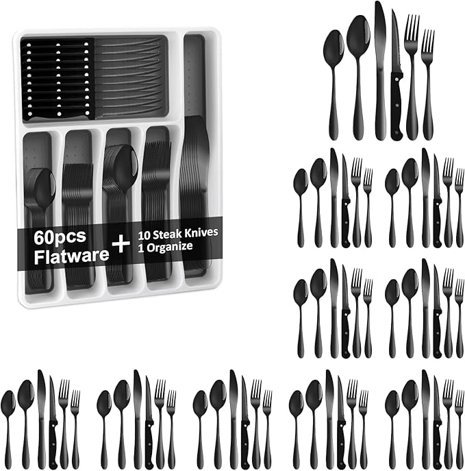 61Pcs Silverware Set with Organizer, Silver Stainless Steel Flatware Set for 10 Cutlery Utensil Sets with Steak Knives, Spoons and Forks Set, Dishwasher Safe