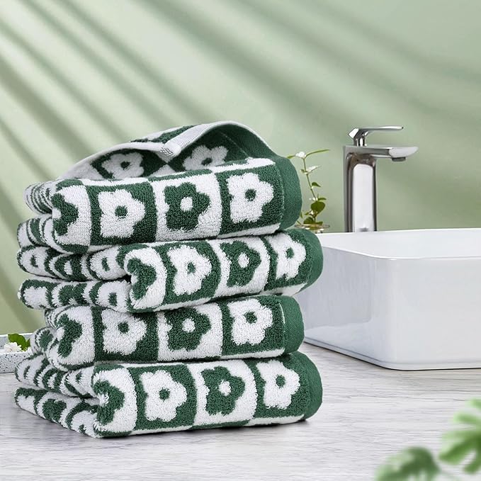 Jacquotha Cotton Hand Towels Green Checkered Floral - Quick Drying Hand Towel Set of 4, for Christmas Bathroom Decor, 29” x 13”