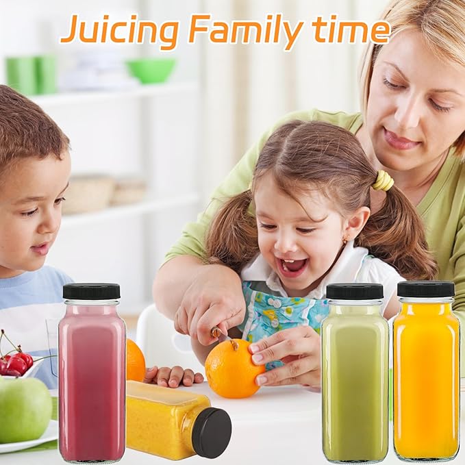 3 Pack 8oz Glass Juice Bottles with Lids, 250ml Reusable Glass Juicing Bottles, Square Drinking Jars Drink Containers with Caps for Water, Milk, Ginger, Kombucha, Beverages