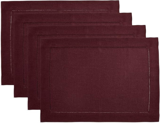Solino Home Linen Cloth Placemats Set of 4 - 100% Pure Linen Hemstitch Burgundy Placemats 14 x 19 Inch - Classic Hemstitch Table Place Mats for Holiday, Winter, Valentines