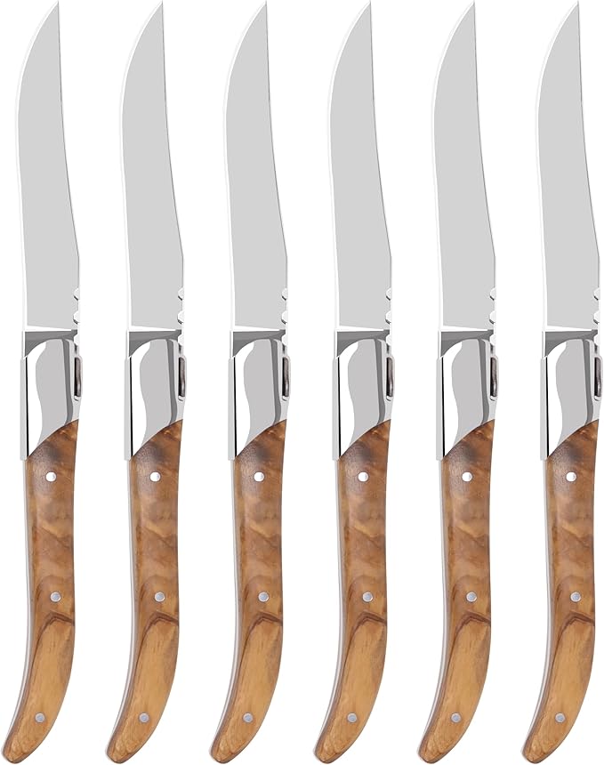Laguiole Style Steak Knife Set of 6, Non-serrated Steak Knife Set with Olive Wood Handle, Sharp Stainless Steel Steak Knives with Gift Box, Dinner Cutlery Set for Home Party