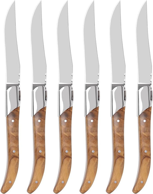 Laguiole Style Steak Knife Set of 6, Non-serrated Steak Knife Set with Olive Wood Handle, Sharp Stainless Steel Steak Knives with Gift Box, Dinner Cutlery Set for Home Party