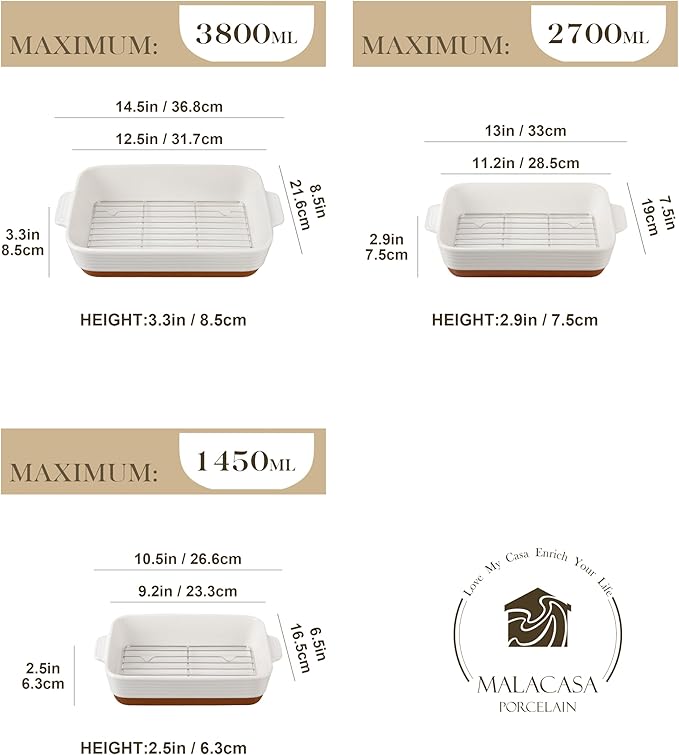 MALACASA Casserole Dishes for Oven with Roasting Racks, Ceramic Baking Dishes Set of 3, Baking Pan Casserole Dish Set, Rectangular Lasagna Pan Deep with Handles for Baking, Khaki White (14.5''/13''/10.5''), Series TARA
