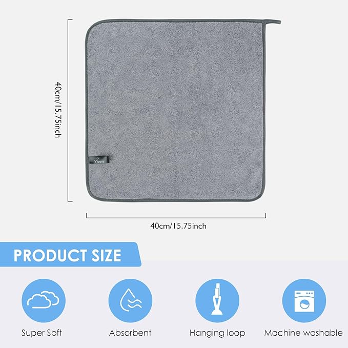 VIVOTE Microfiber Hand Towel, Super Soft & Absorbent Hand Towels with Hanging Loop, Quick Dry Kitchen Hand Towels,Durable Drying Hand Towel for Bathroom, 2 Pieces Grey, 40 x 40 cm