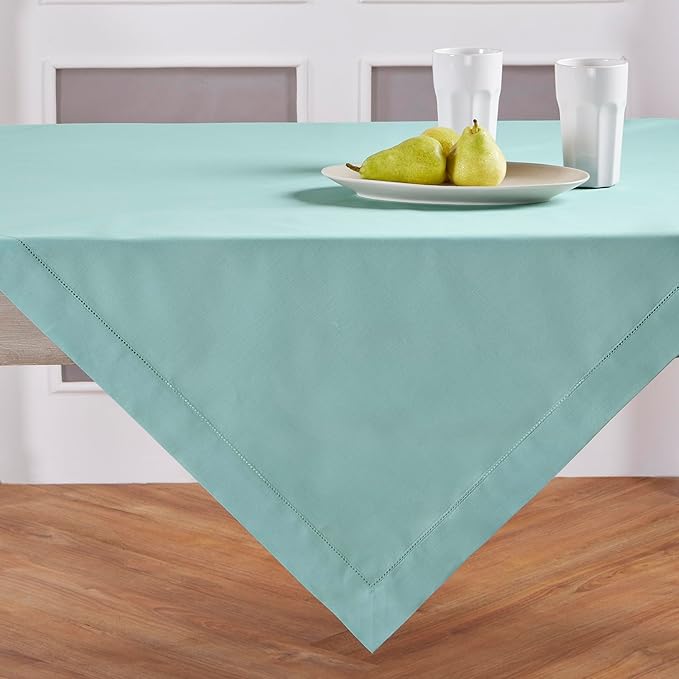 Solino Home Cotton Linen Tablecloth 52 x 52 Inch - Hemstitch Pastel Turquoise Square Tablecloth - Machine Washable Table Throw
