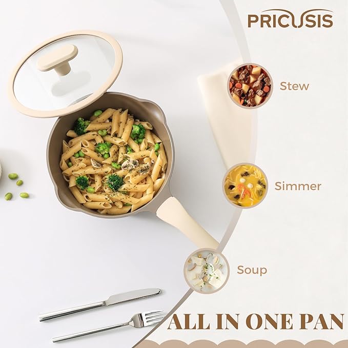 PRICUSIS Nonstick Saucepan with Lid, 2.7 Quart Sauce Pan, Healthy Sauce Pot with Pour Spouts for Multipurpose Use, PTFE, PFOA Free, Induction Compatible, Apricot