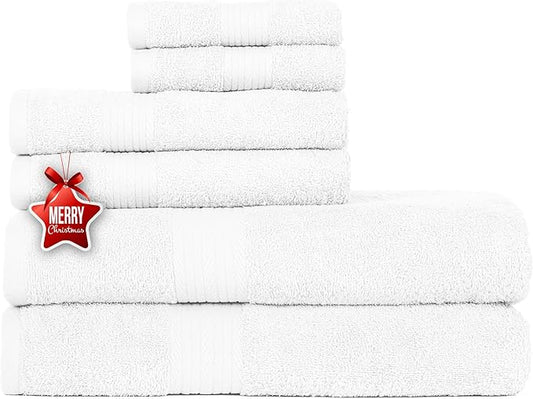 Ample Decor Bathroom Towel Set of 6-2 Hand Towel, 2 Bath Towel, 2 Wash Cloths - 600 GSM 100% Cotton - Christmas White