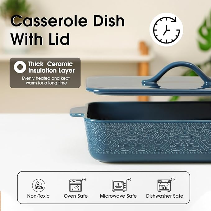 Casserole Dish with Lid, Ceramic 9x13 Casserole Dish for Oven, Rectangular Bakeware, Large Baking Dish with Handles for Holiday Cooking, Roasting, Baking, Oven & Microwave Safe (Blue)